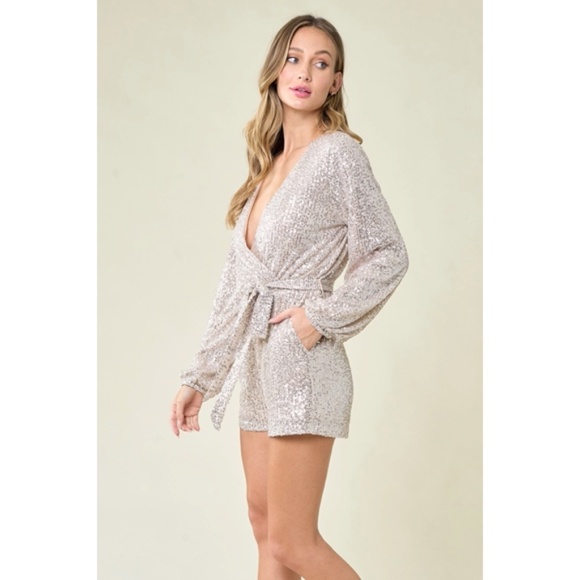 Champagne Sparkling Metallic Sequin Holiday Cocktail Wrap Style Romper - Picture 8 of 8